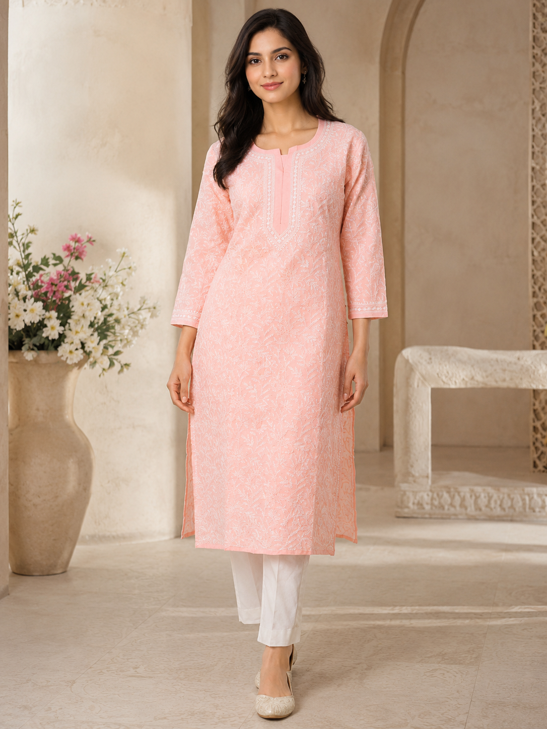 Ada Hand Embroidered Peach Cotton Lucknowi Chikankari Straight Kurta A011136