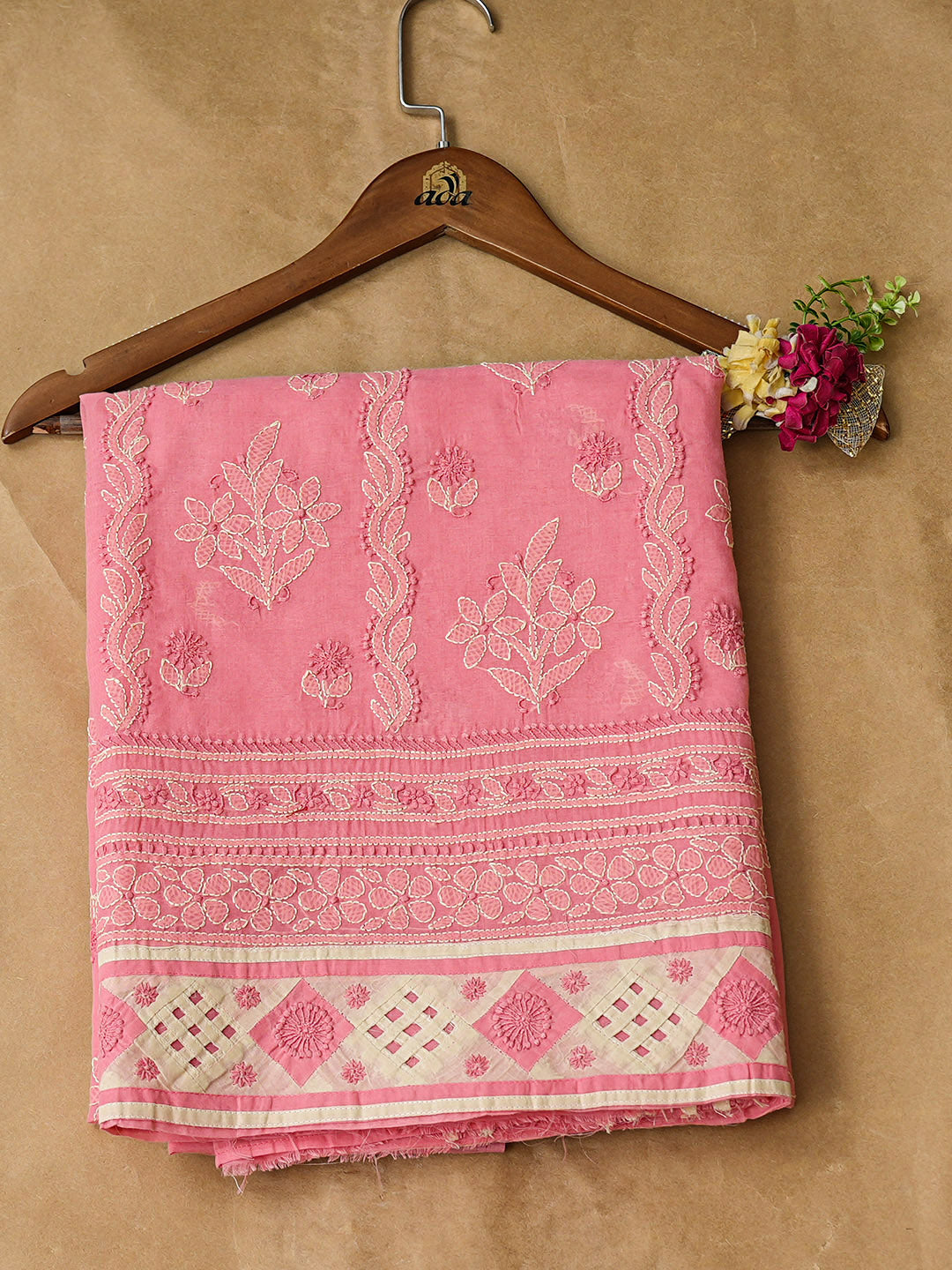 Ada Hand Embroidered  Peach Cotton Lucknowi Chikankari Unstitched Kurta 01A883587