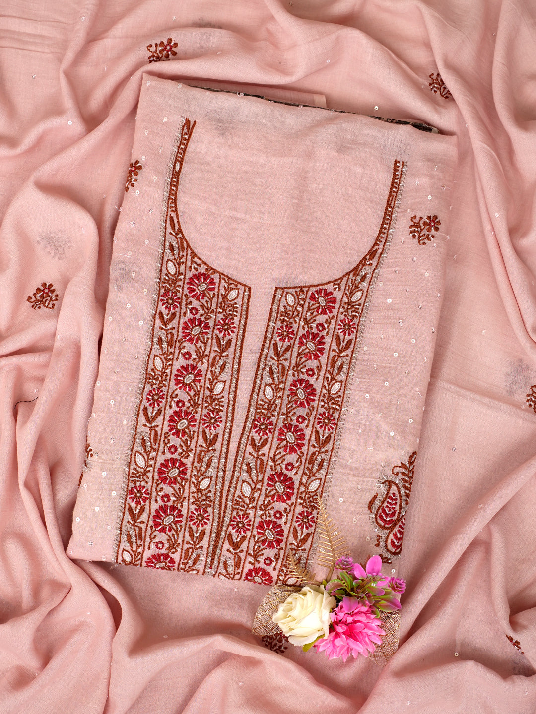 Ada Peach Cotton Unstitched Kurta Dupatta_1