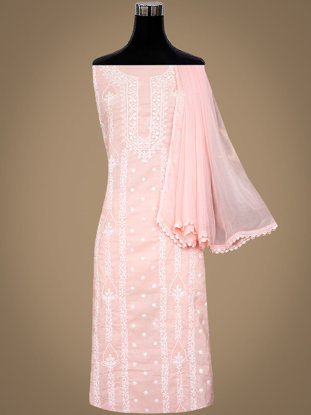 Ada Hand Embroidered Peach Cotton Lucknowi Chikankari Unstitched Suit Piece 01A773506