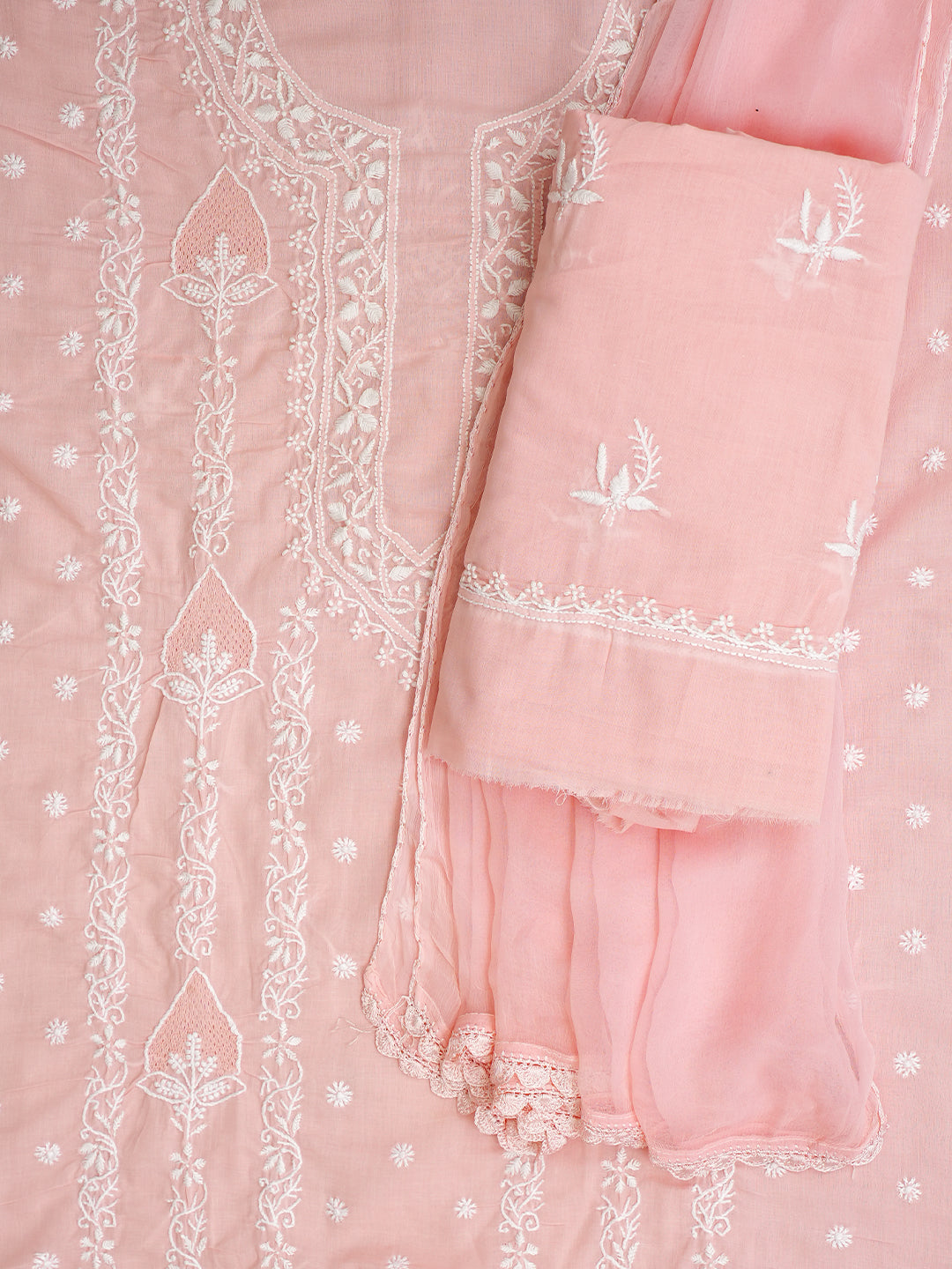 Ada Hand Embroidered Peach Cotton Lucknowi Chikankari Unstitched Suit Piece 01A773506