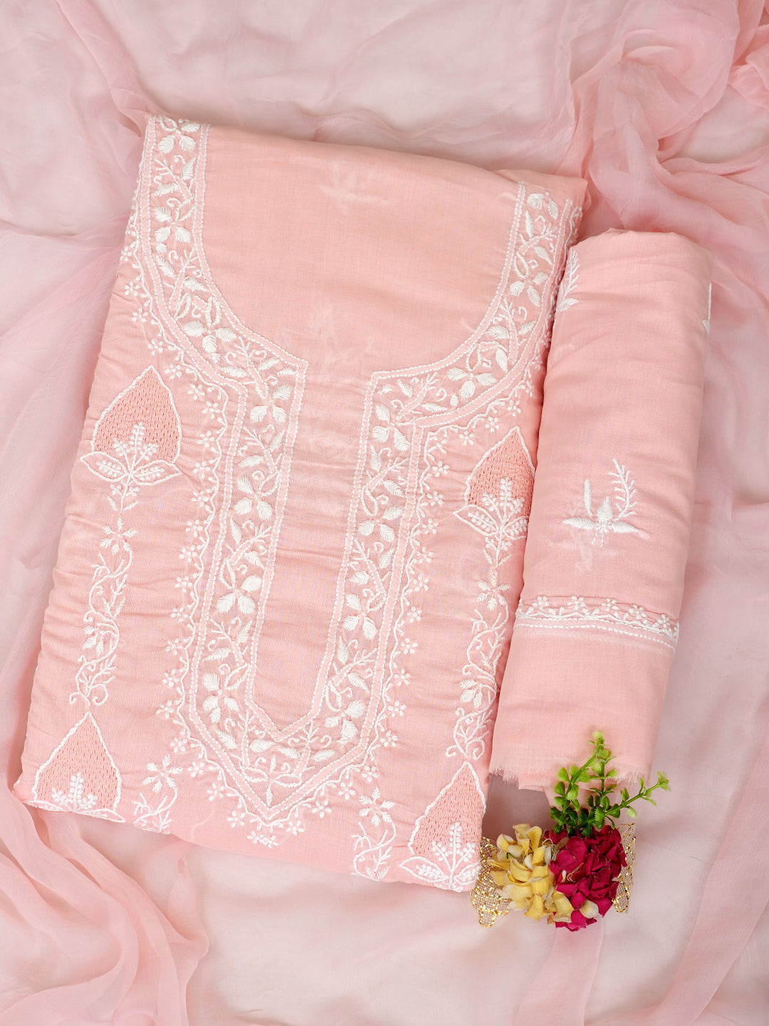 Ada Hand Embroidered Peach Cotton Lucknowi Chikankari Unstitched Suit Piece 01A773506