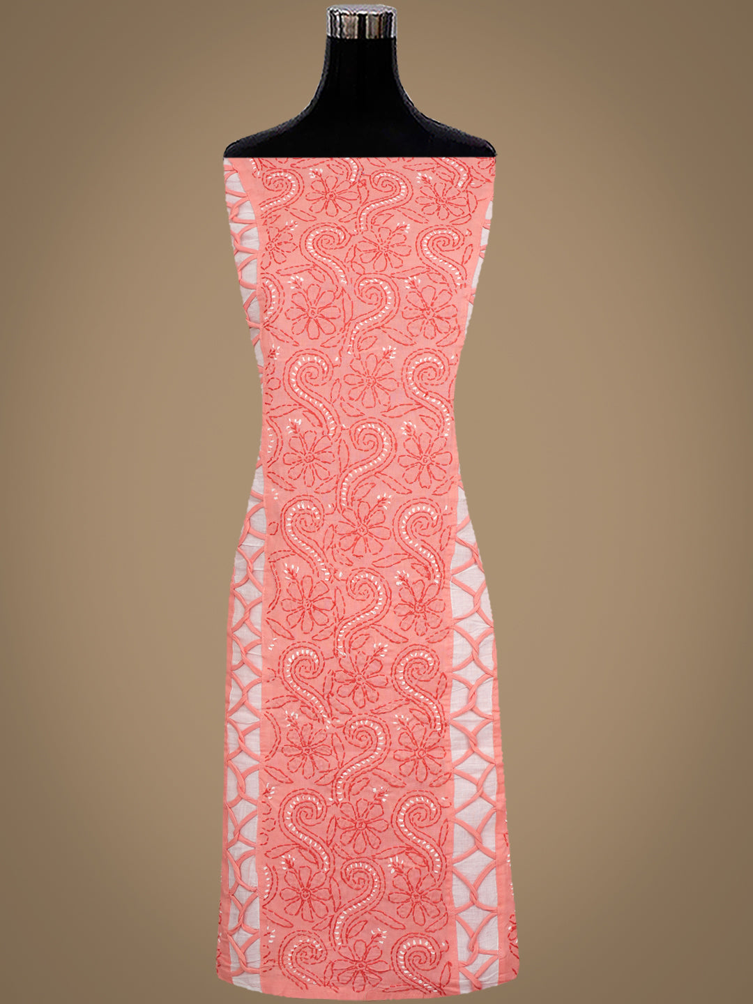 Ada Hand Embroidered Peach Cotton Lucknowi Chikankari Unstitched Suit Piece 01A935696