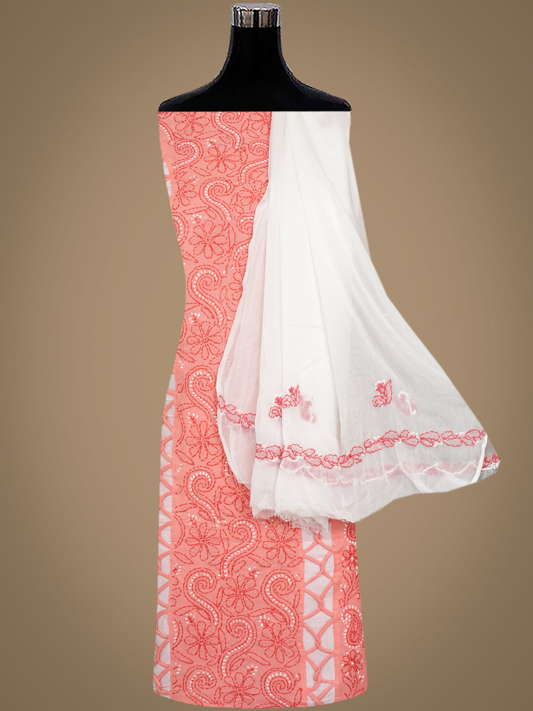 Ada Hand Embroidered Peach Cotton Lucknowi Chikankari Unstitched Suit Piece 01A935696