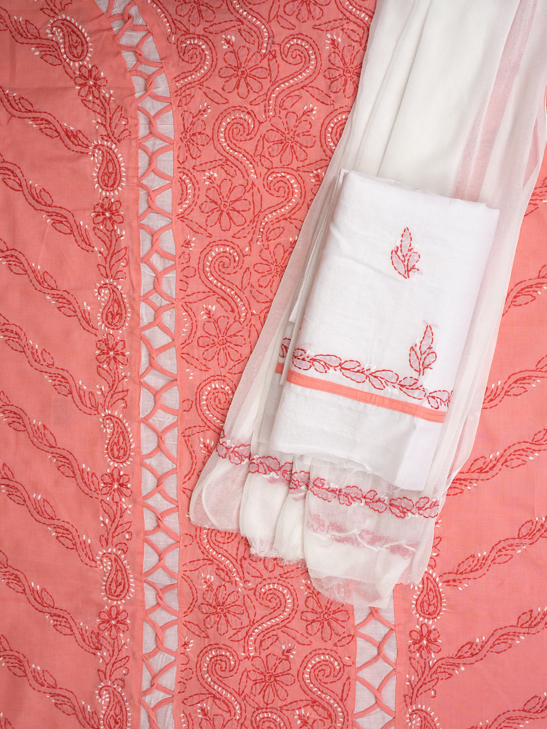 Ada Hand Embroidered Peach Cotton Lucknowi Chikankari Unstitched Suit Piece 01A935696