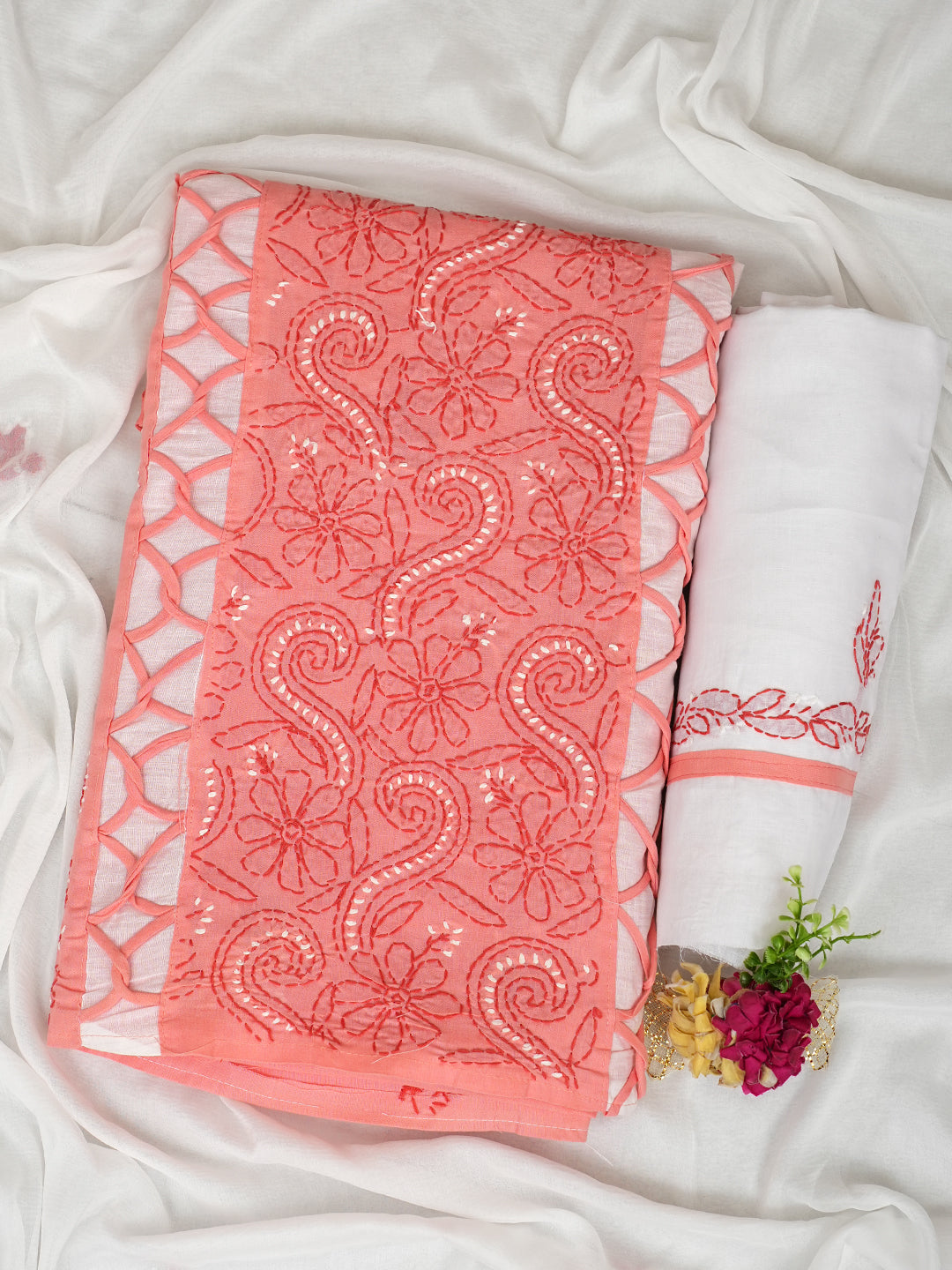 Ada Hand Embroidered Peach Cotton Lucknowi Chikankari Unstitched Suit Piece 01A935696