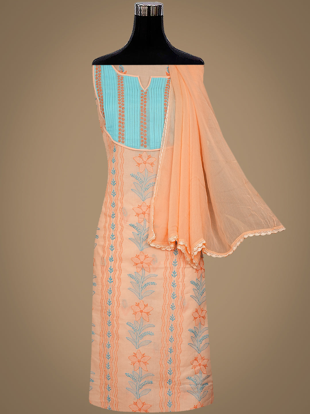 Ada Hand Embroidered Peach Cotton Lucknowi Chikankari Unstitched Suit Piece 01A981451