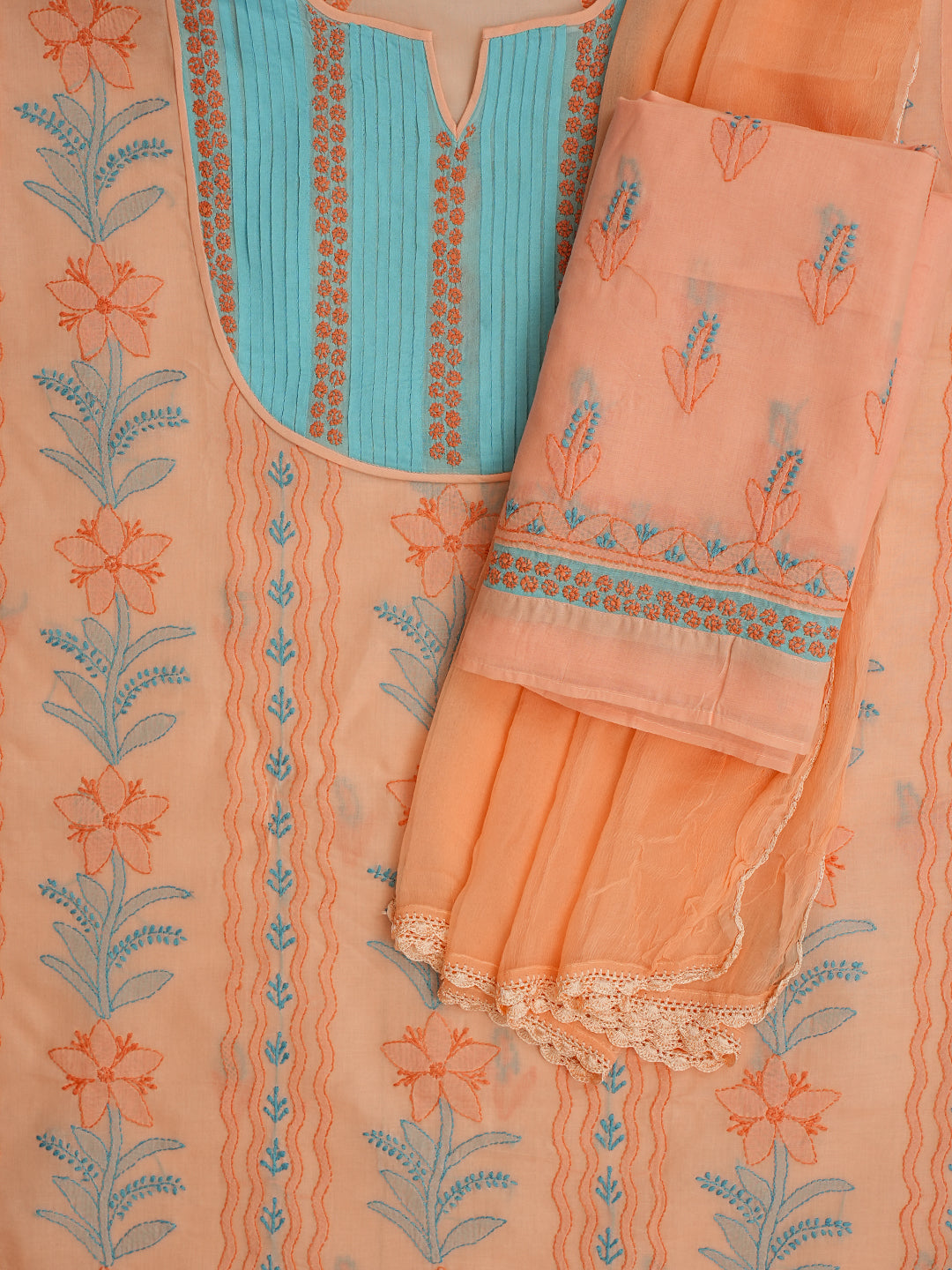 Ada Hand Embroidered Peach Cotton Lucknowi Chikankari Unstitched Suit Piece 01A981451