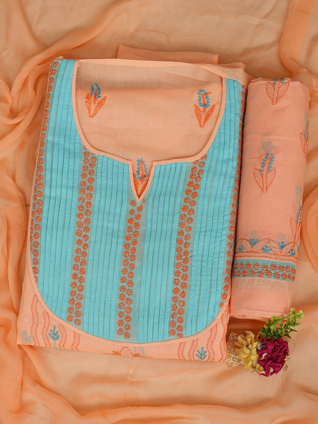 Ada Hand Embroidered Peach Cotton Lucknowi Chikankari Unstitched Suit Piece 01A981451