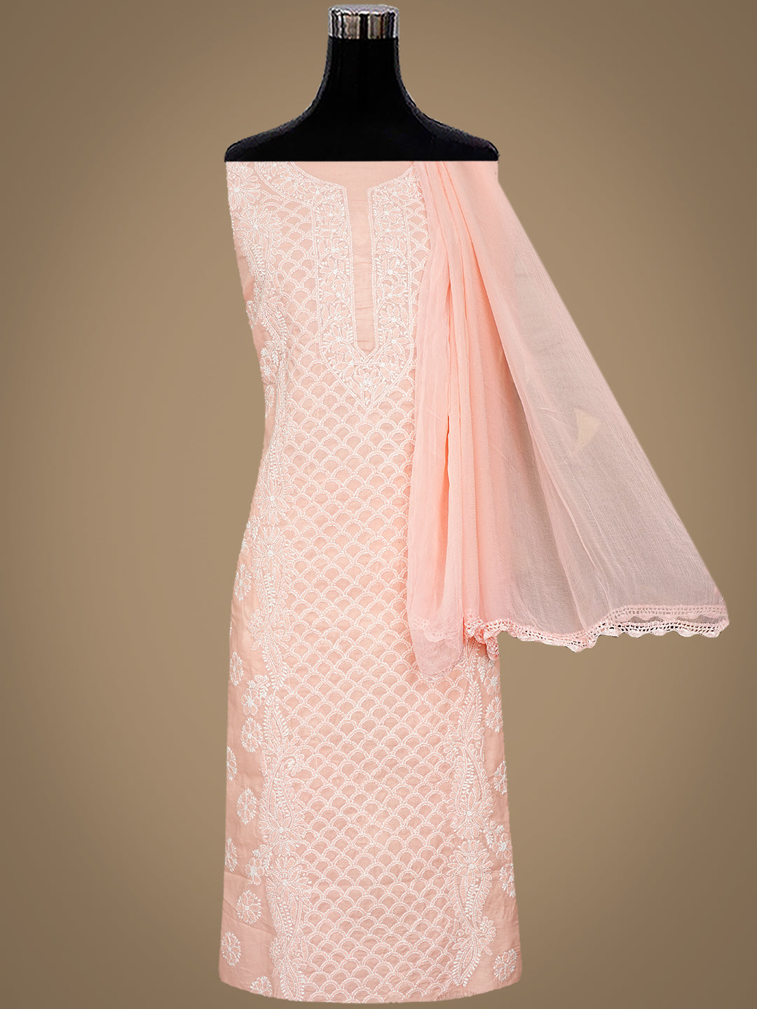 Ada Hand Embroidered Peach Cotton Lucknowi Chikankari Unstitched Suit Piece 01A986947