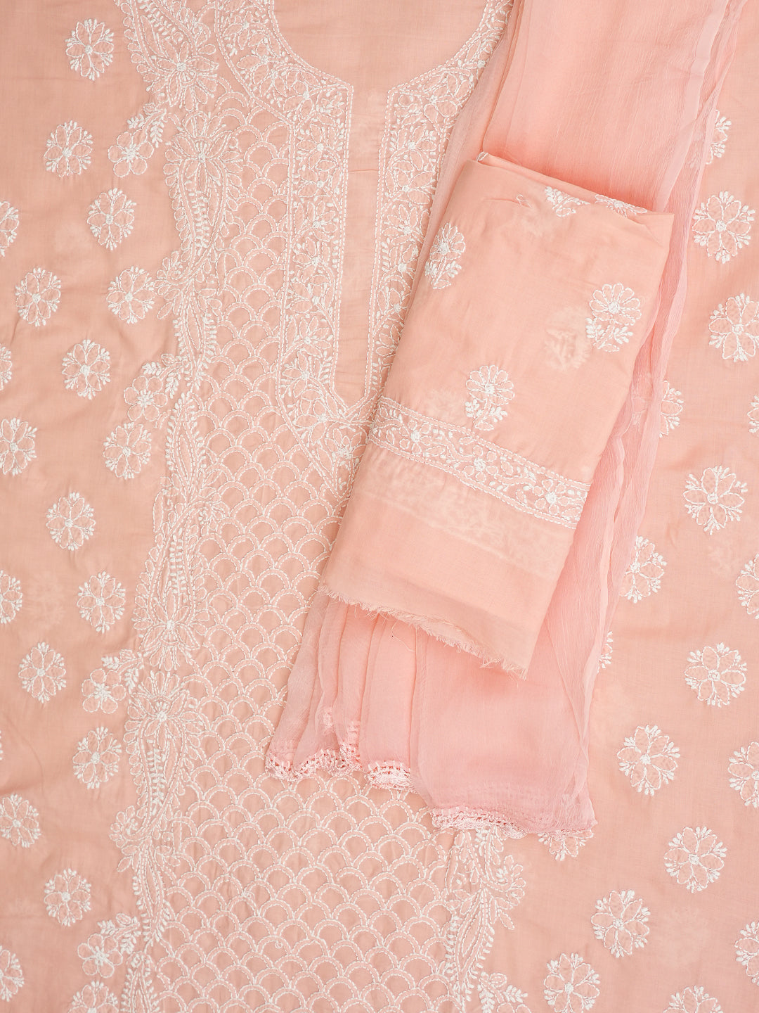 Ada Hand Embroidered Peach Cotton Lucknowi Chikankari Unstitched Suit Piece 01A986947