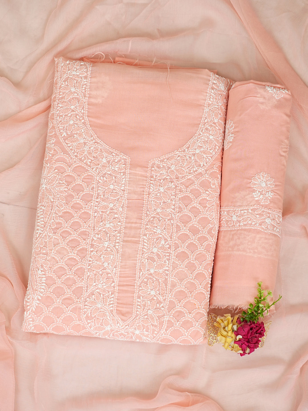 Ada Hand Embroidered Peach Cotton Lucknowi Chikankari Unstitched Suit Piece 01A986947