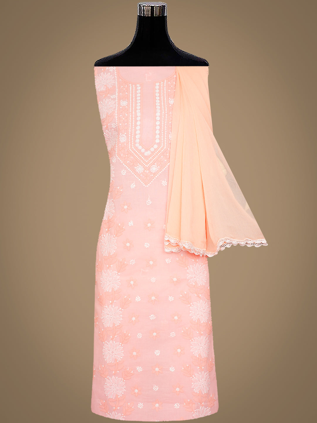 Ada Hand Embroidered Peach Cotton Lucknowi Chikankari Unstitched Suit Piece 01A993860