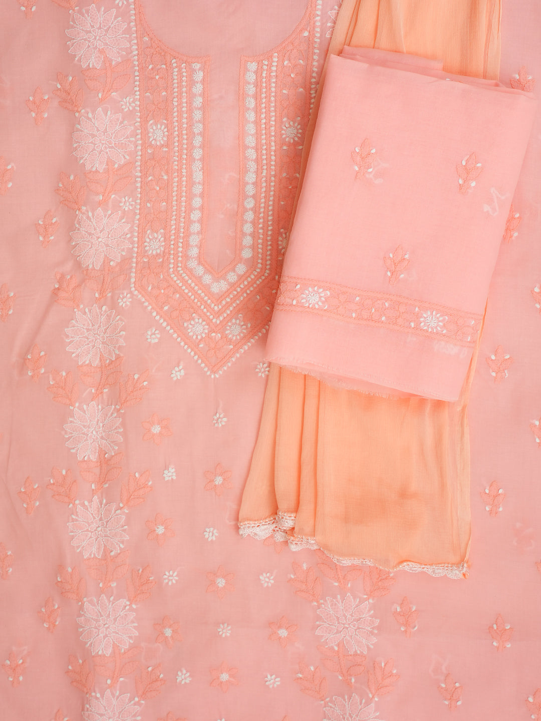 Ada Hand Embroidered Peach Cotton Lucknowi Chikankari Unstitched Suit Piece 01A993860