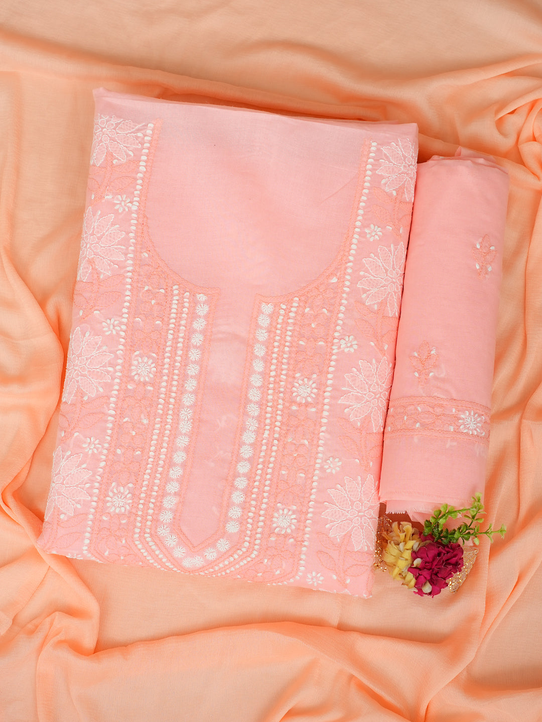 Ada Hand Embroidered Peach Cotton Lucknowi Chikankari Unstitched Suit Piece 01A993860
