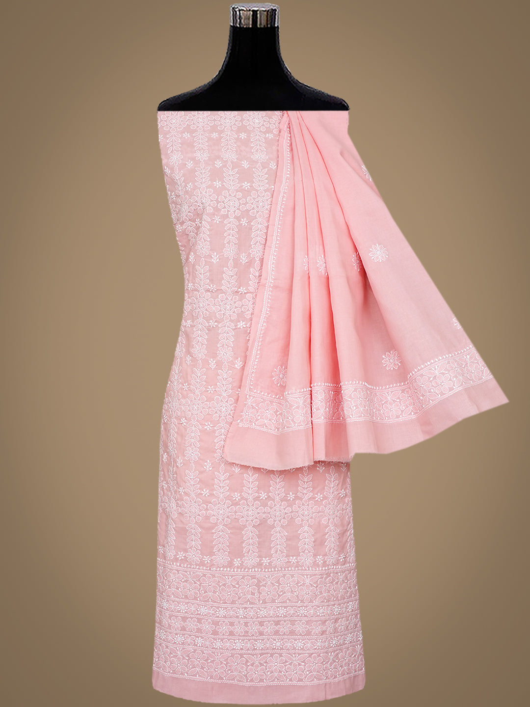 Ada Hand Embroidered Peach Cotton Lucknowi Chikankari Unstitched Suit Piece 01A999486