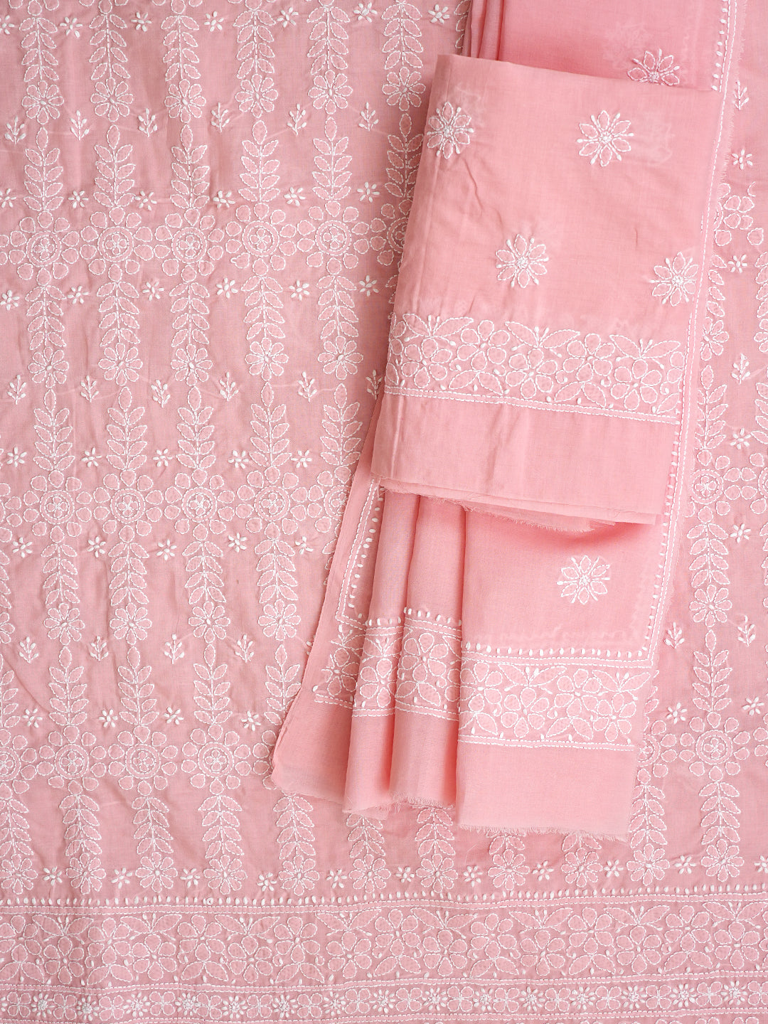 Ada Hand Embroidered Peach Cotton Lucknowi Chikankari Unstitched Suit Piece 01A999486