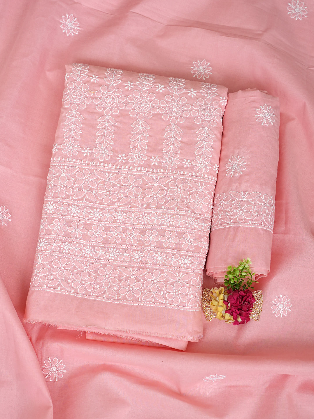 Ada Hand Embroidered Peach Cotton Lucknowi Chikankari Unstitched Suit Piece 01A999486