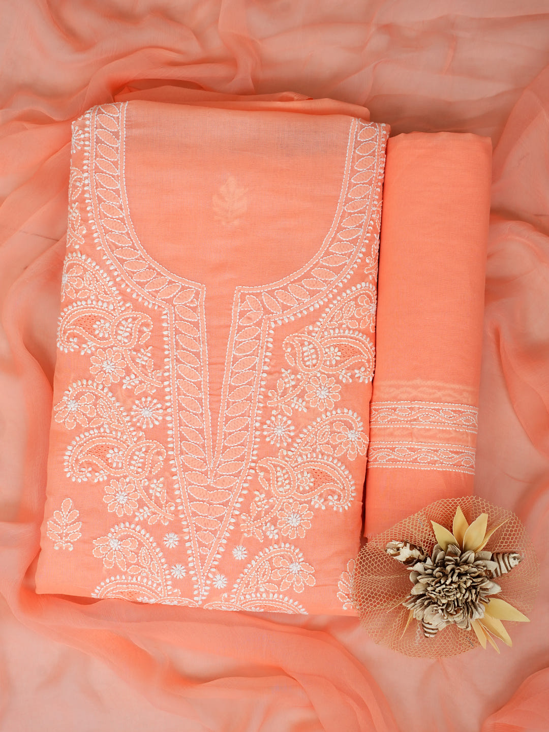 Ada Hand Embroidered Peach Cotton Lucknowi Chikankari Unstitched Suit Piece With Chiffon Dupatta 01A1009896_1