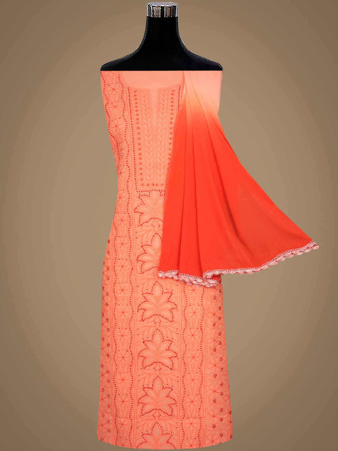Ada Hand Embroidered Peach Cotton Lucknowi Chikankari Unstitched Suit Piece With Chiffon Dupatta 01A1025760_3