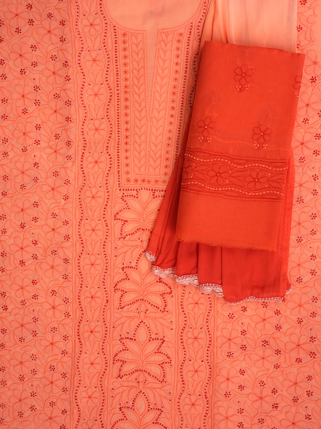 Ada Hand Embroidered Peach Cotton Lucknowi Chikankari Unstitched Suit Piece With Chiffon Dupatta 01A1025760_5