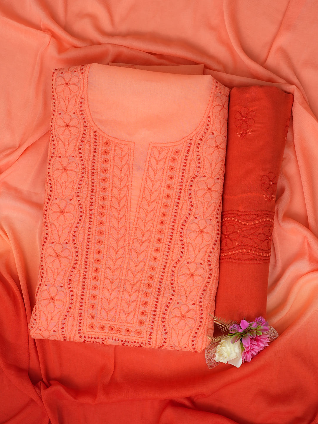Ada Hand Embroidered Peach Cotton Lucknowi Chikankari Unstitched Suit Piece With Chiffon Dupatta 01A1025760_1