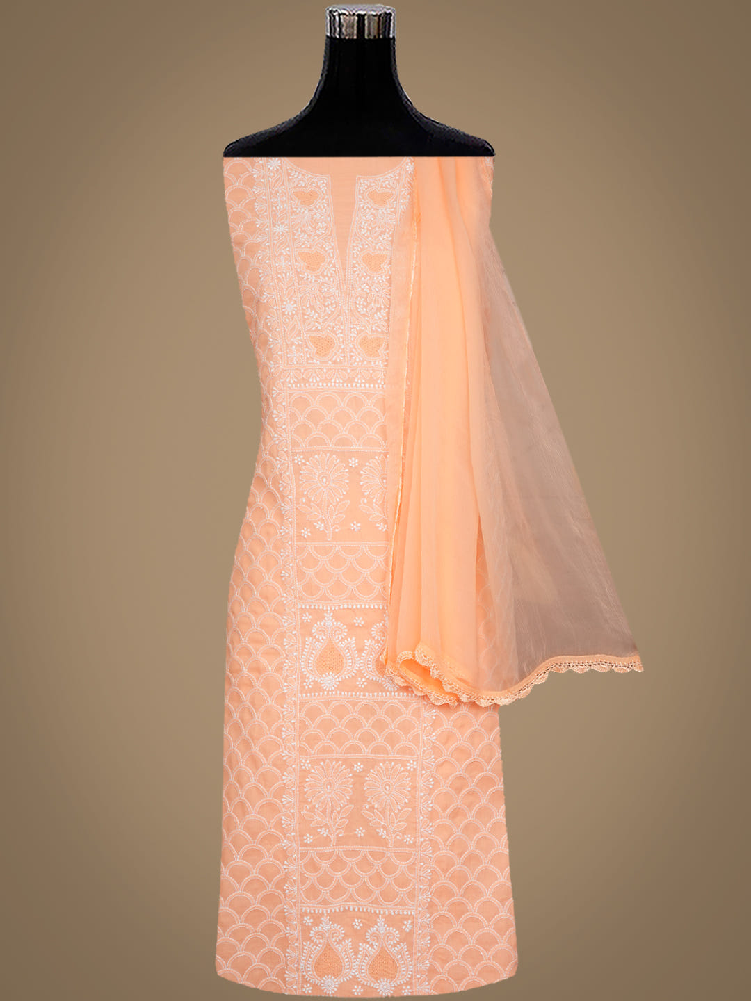 Ada Hand Embroidered Peach Cotton Lucknowi Chikankari Unstitched Suit Piece With Chiffon Dupatta 01A869322_2