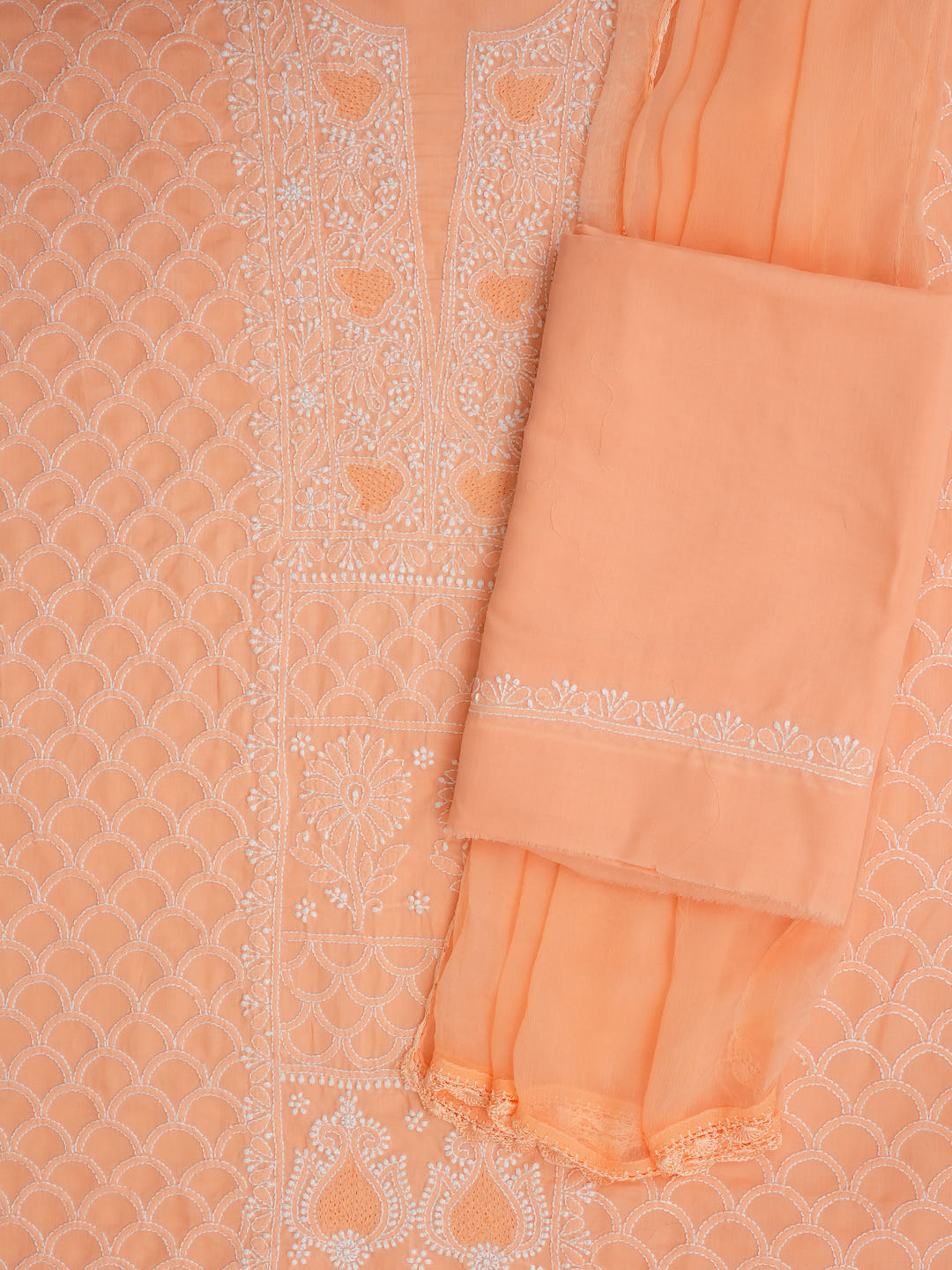 Ada Hand Embroidered Peach Cotton Lucknowi Chikankari Unstitched Suit Piece With Chiffon Dupatta 01A869322_3