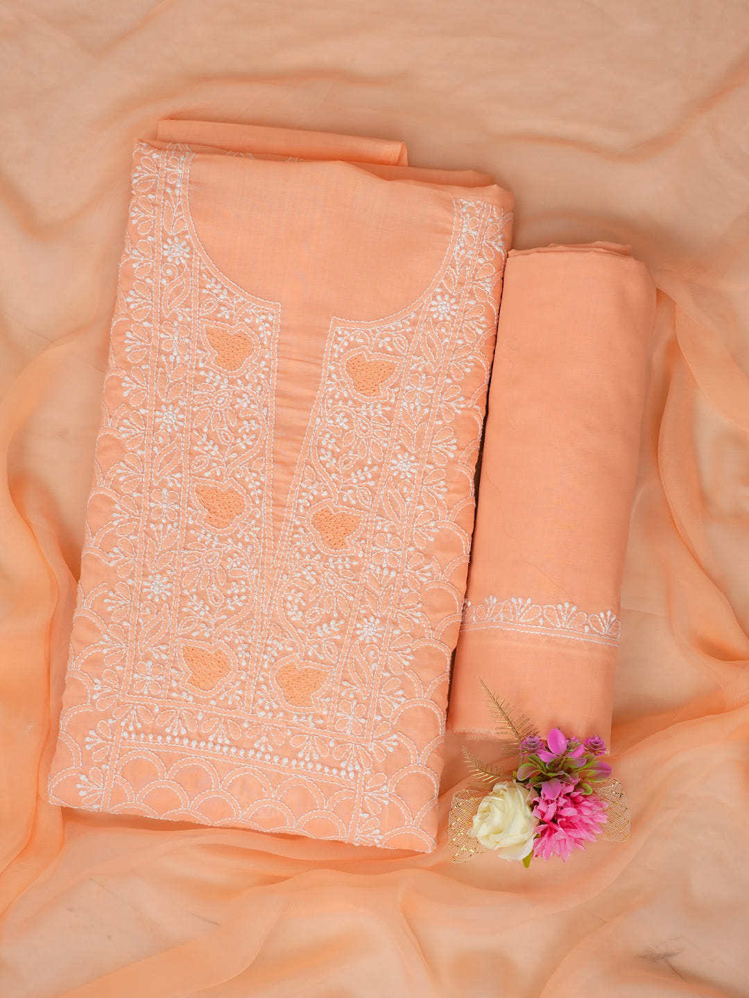 Ada Hand Embroidered Peach Cotton Lucknowi Chikankari Unstitched Suit Piece With Chiffon Dupatta 01A869322_1