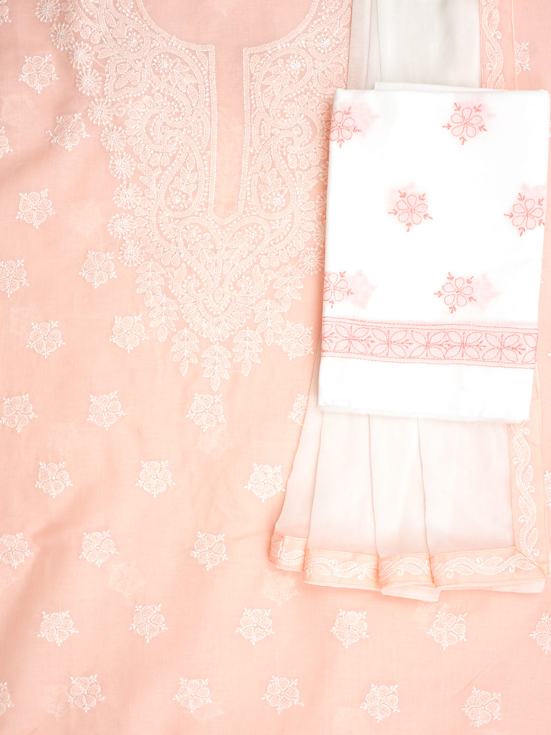 Ada Hand Embroidered Peach Cotton Lucknowi Chikankari Unstitched Suit Piece With Chiffon Dupatta A211366