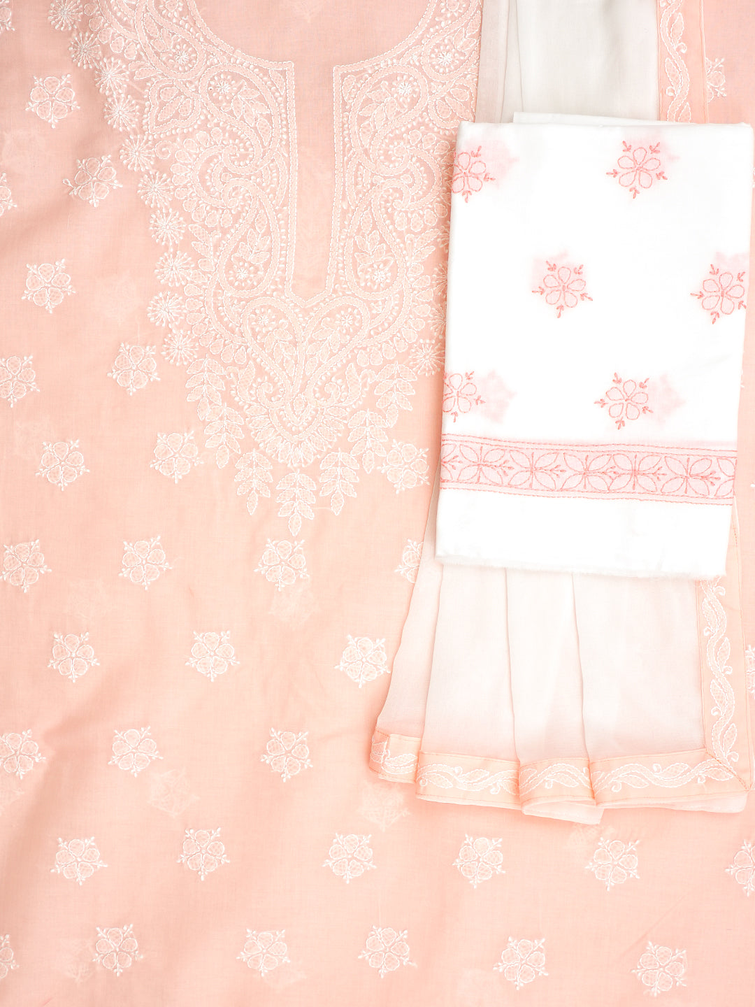 Ada Hand Embroidered Peach Cotton Lucknowi Chikankari Unstitched Suit Piece With Chiffon Dupatta A211366