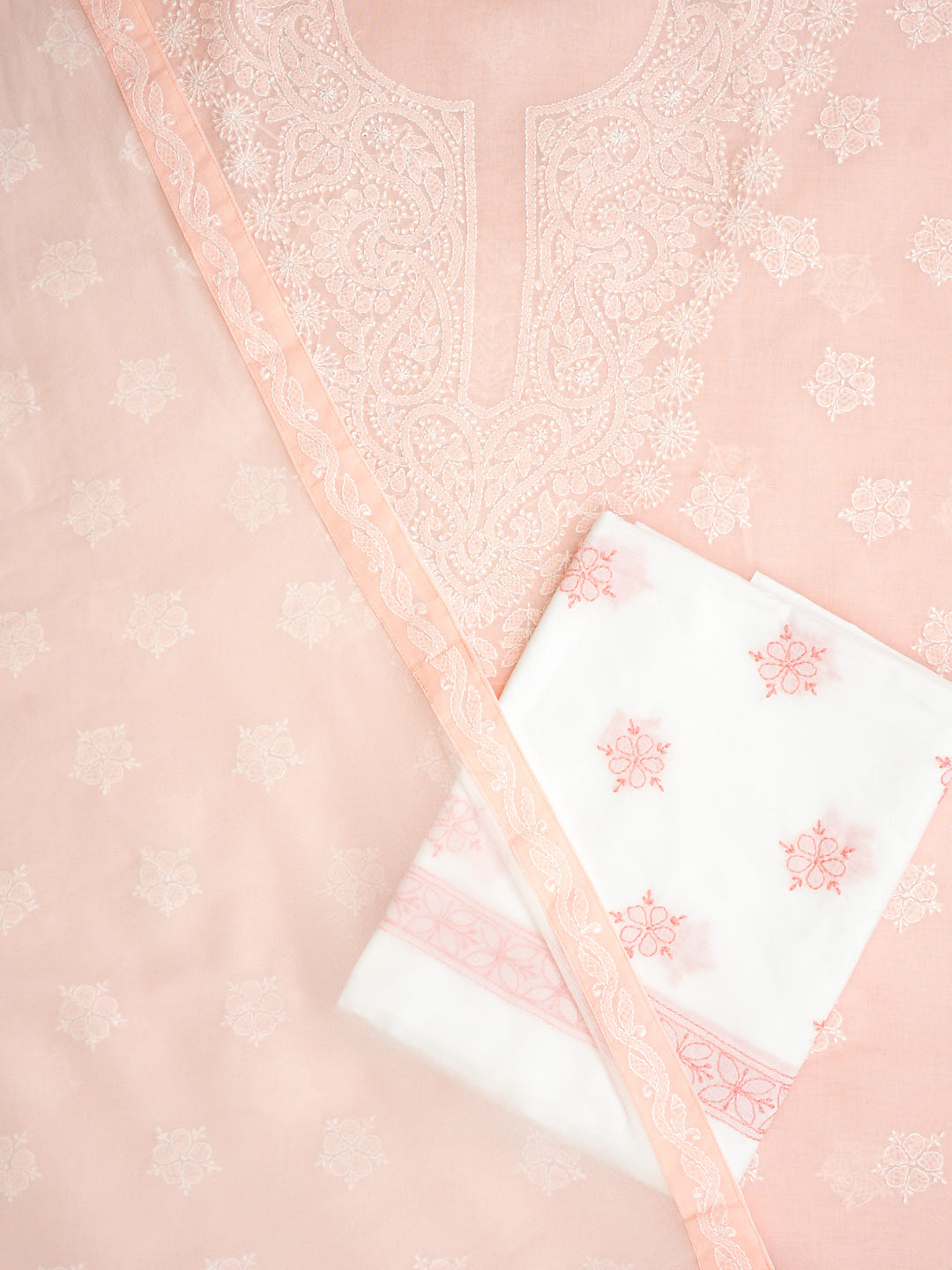 Ada Hand Embroidered Peach Cotton Lucknowi Chikankari Unstitched Suit Piece With Chiffon Dupatta A211366