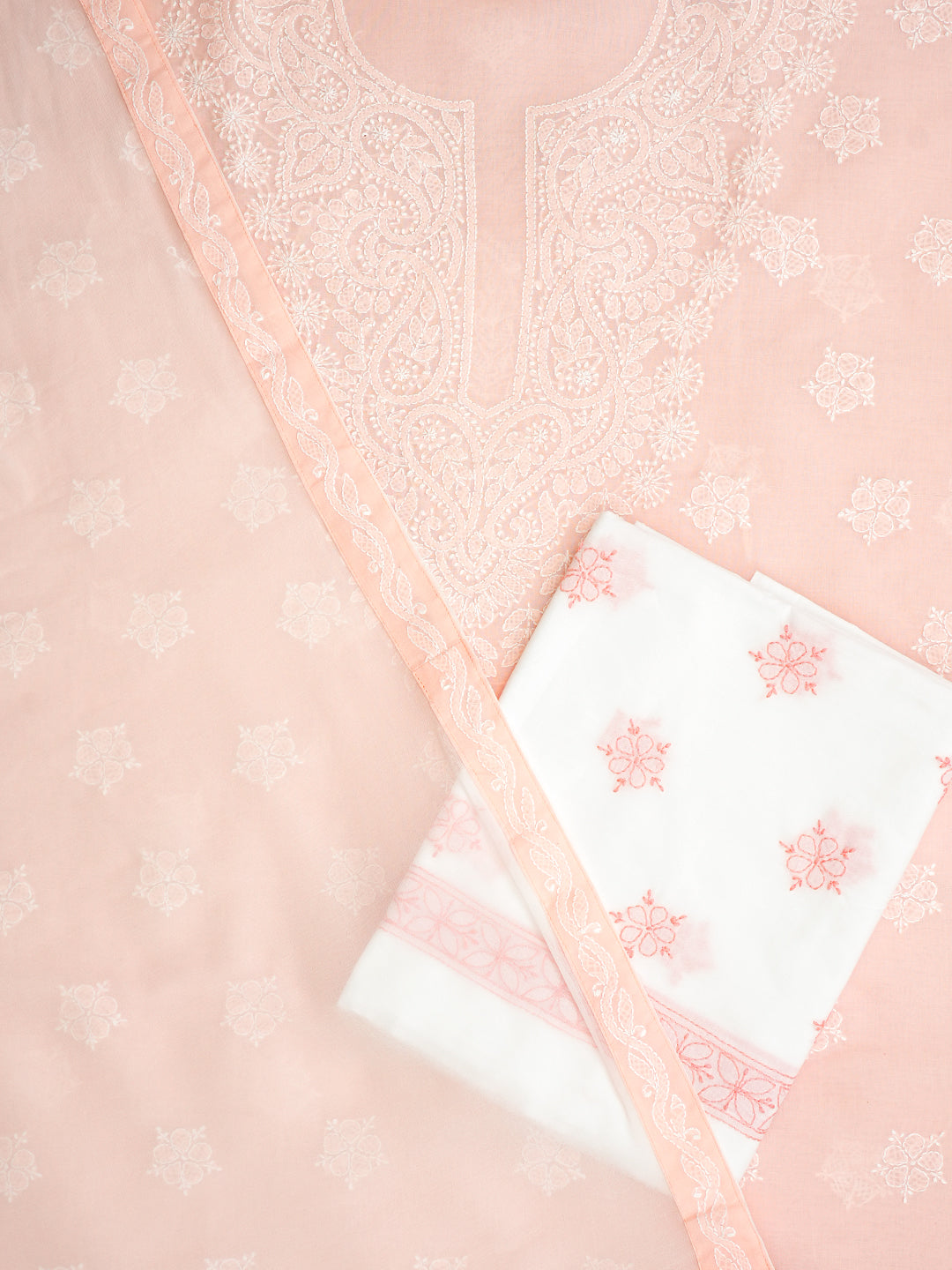 Ada Hand Embroidered Peach Cotton Lucknowi Chikankari Unstitched Suit Piece With Chiffon Dupatta A211366