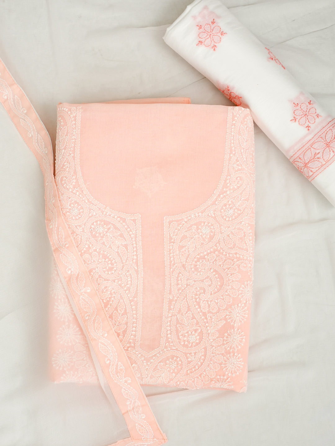 Ada Hand Embroidered Peach Cotton Lucknowi Chikankari Unstitched Suit Piece With Chiffon Dupatta A211366