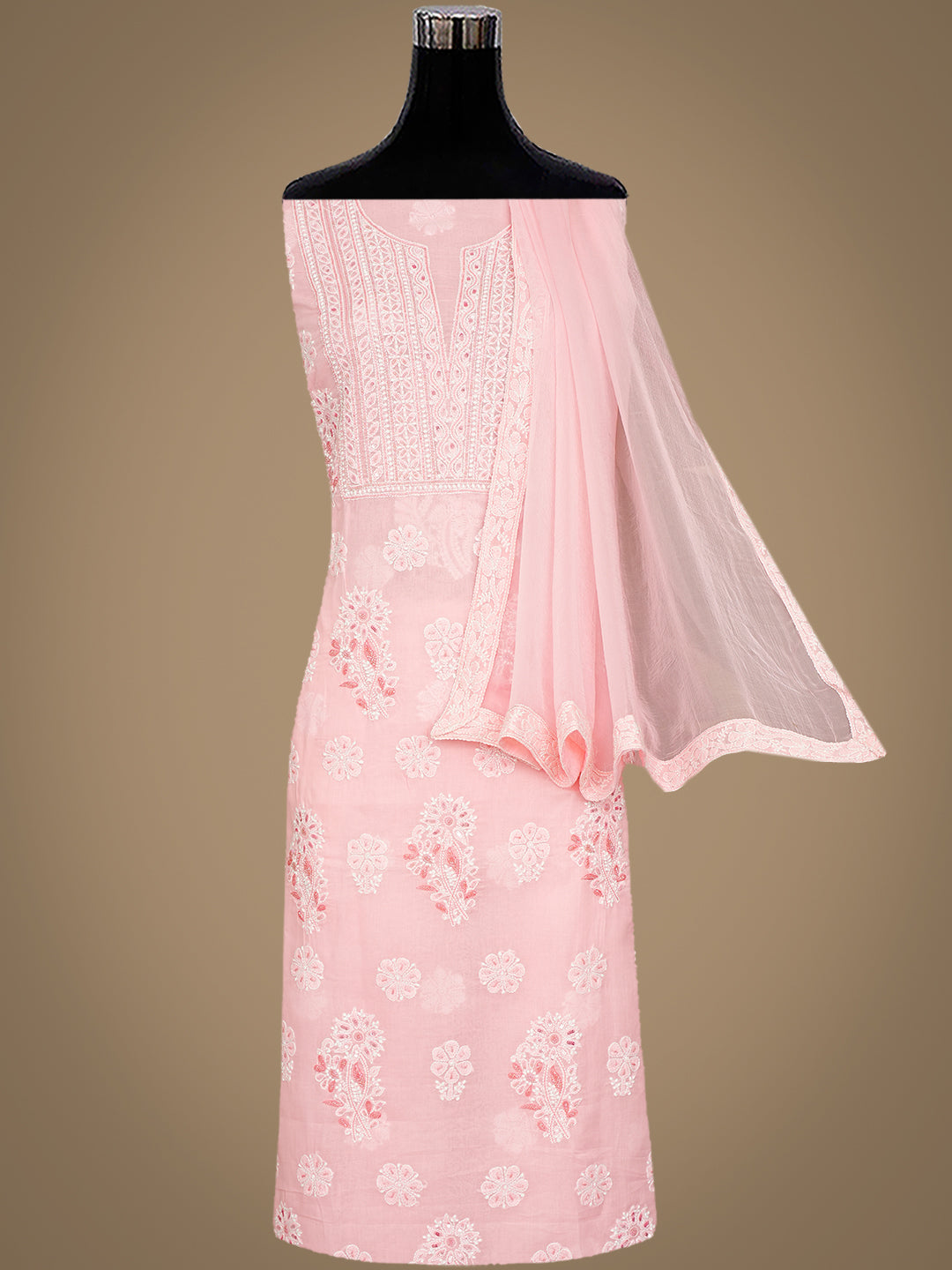 Ada Hand Embroidered Peach Cotton Lucknowi Chikankari Unstitched Suit Piece With Cutdana Work 01A959647