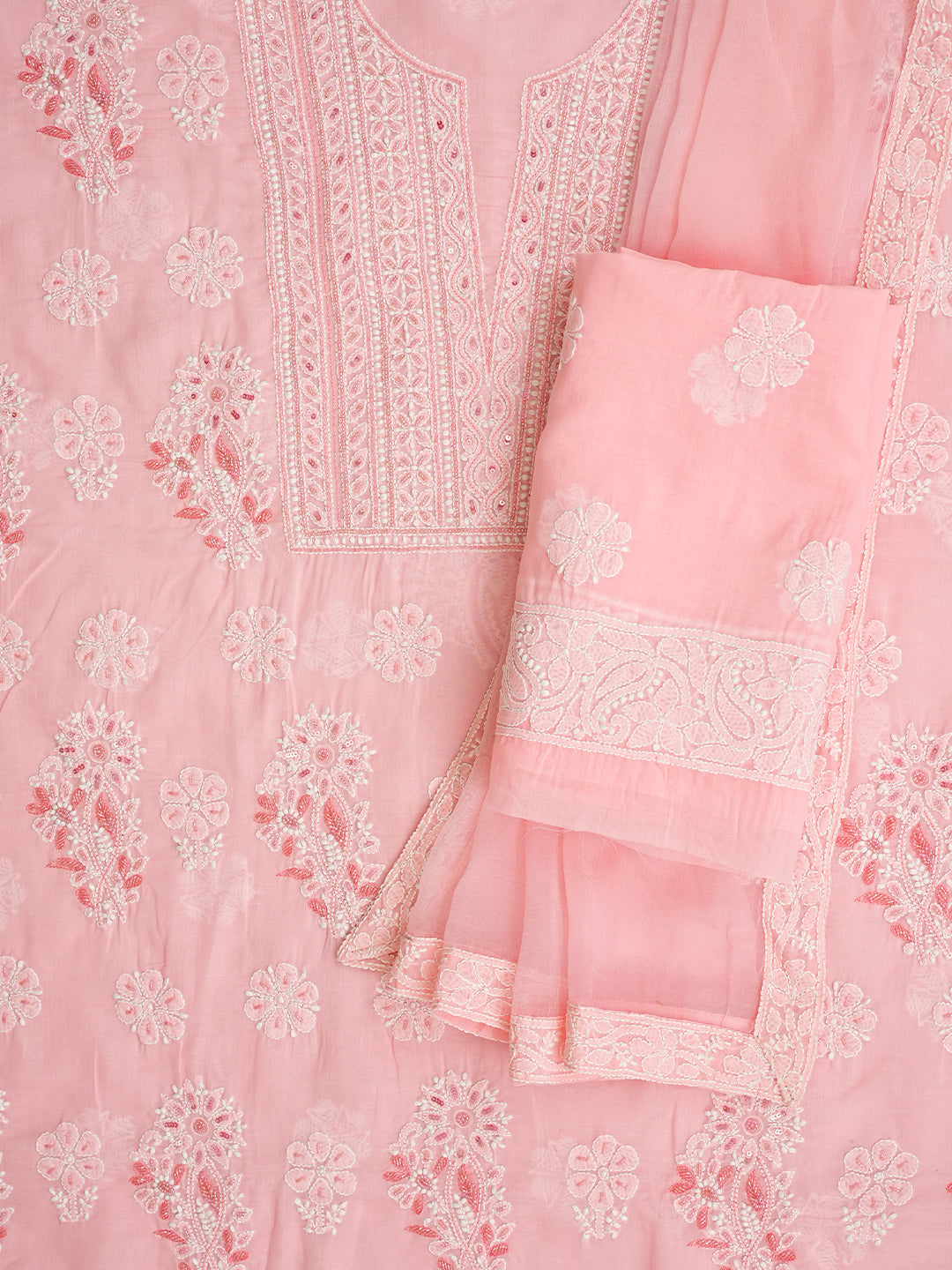 Ada Hand Embroidered Peach Cotton Lucknowi Chikankari Unstitched Suit Piece With Cutdana Work 01A959647