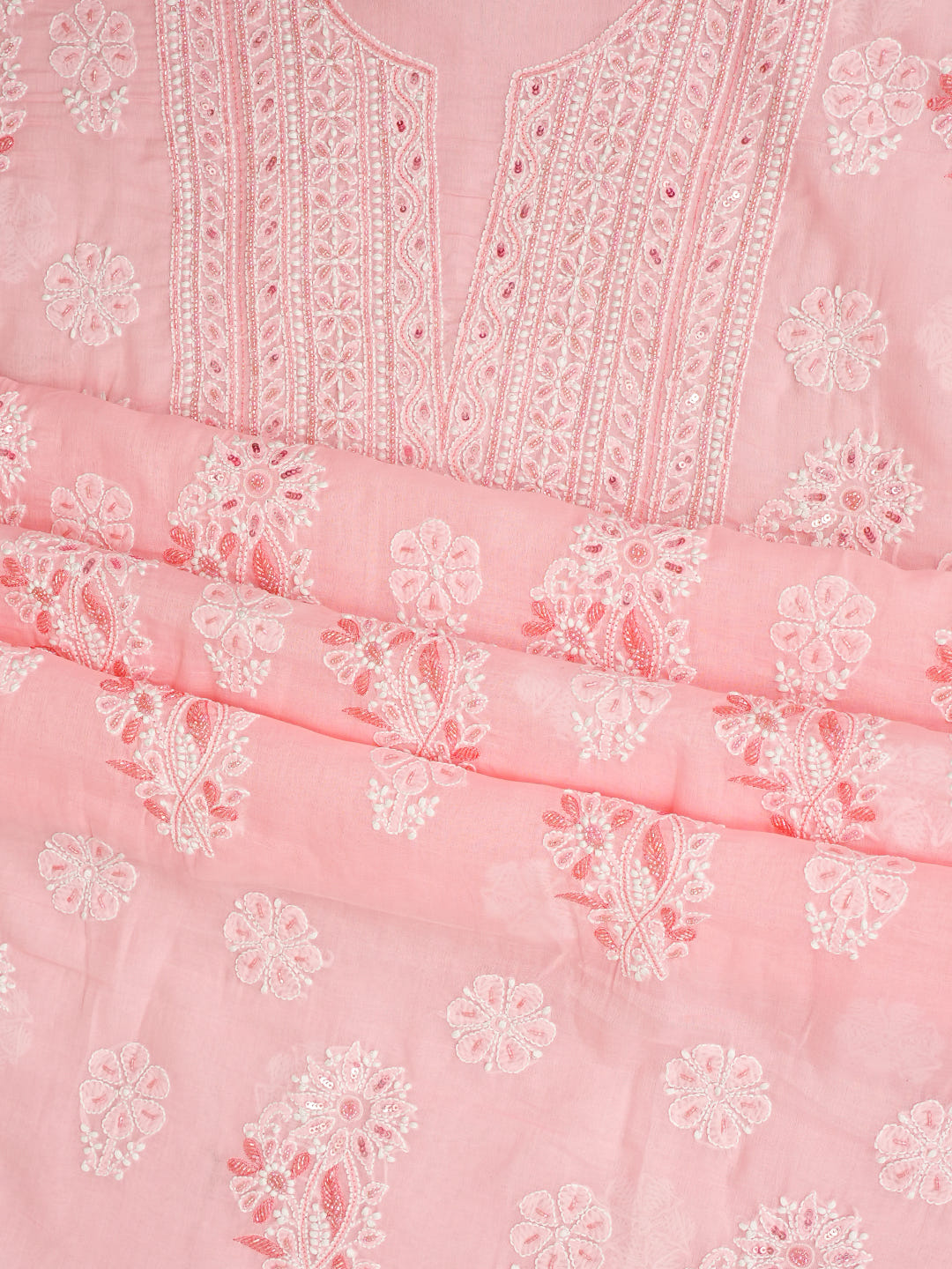 Ada Hand Embroidered Peach Cotton Lucknowi Chikankari Unstitched Suit Piece With Cutdana Work 01A959647