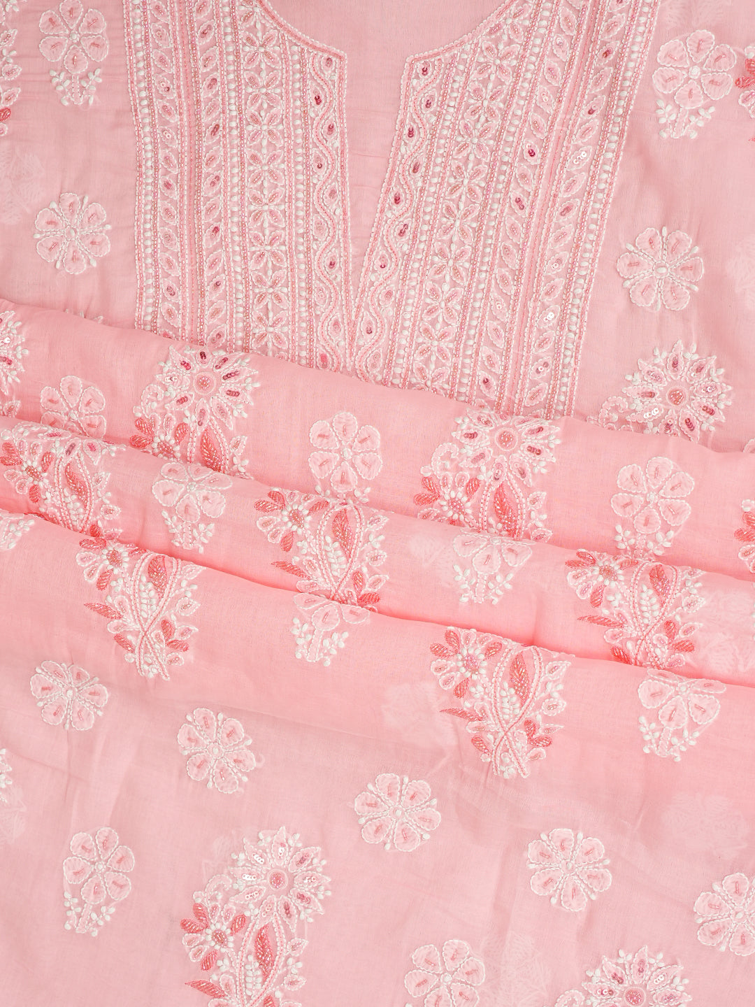 Ada Hand Embroidered Peach Cotton Lucknowi Chikankari Unstitched Suit Piece With Cutdana Work 01A959647