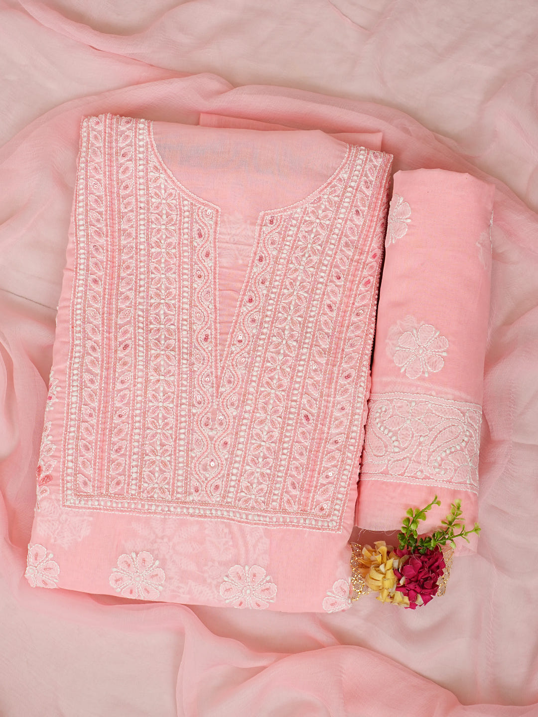 Ada Hand Embroidered Peach Cotton Lucknowi Chikankari Unstitched Suit Piece With Cutdana Work 01A959647