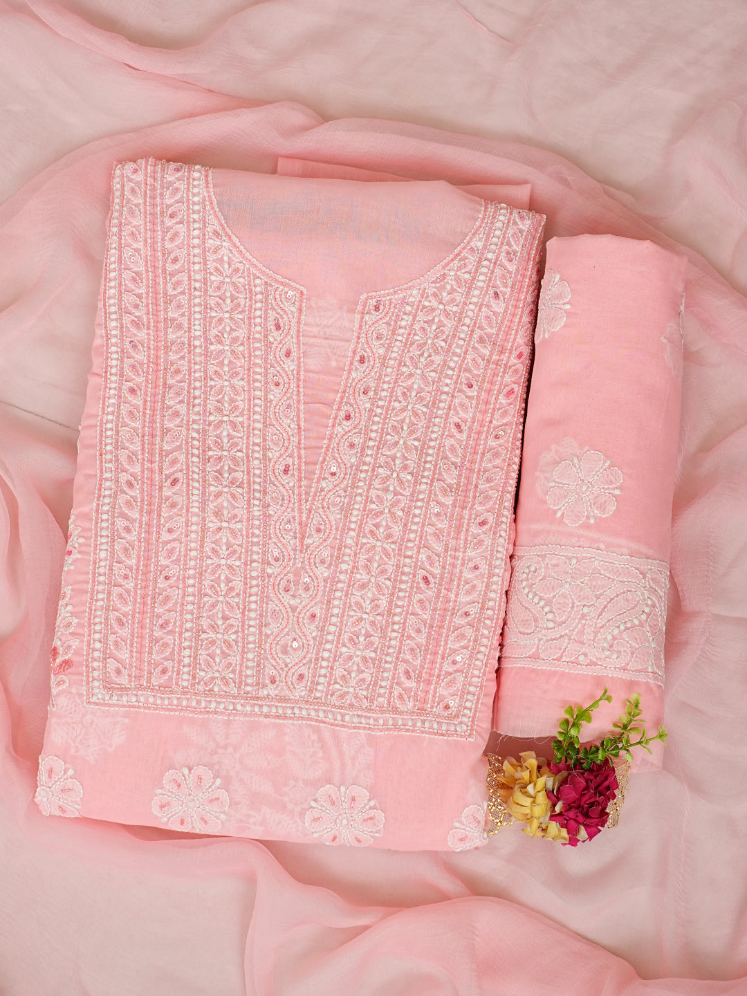 Ada Hand Embroidered Peach Cotton Lucknowi Chikankari Unstitched Suit Piece With Cutdana Work 01A959647
