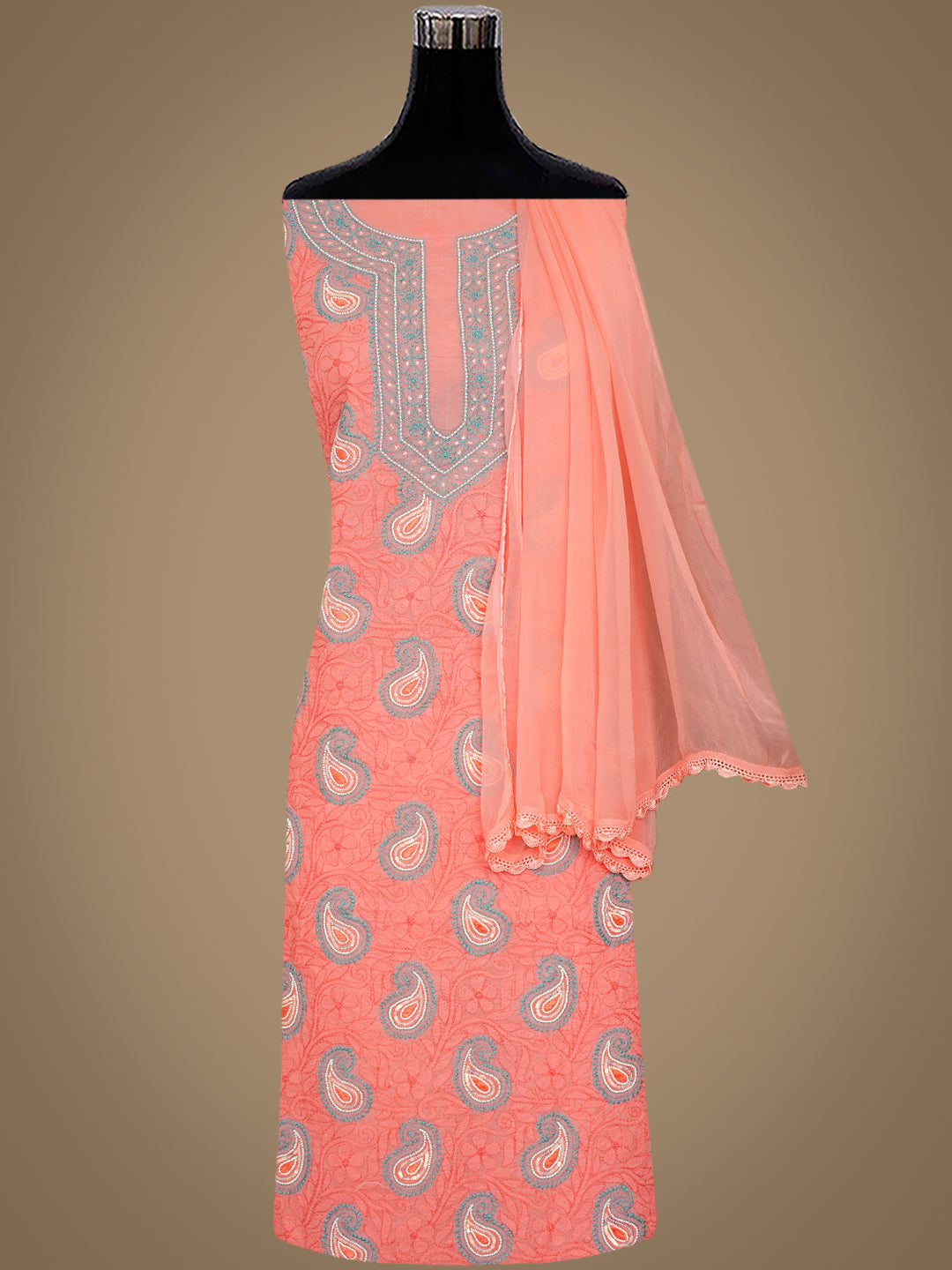 Peach Cotton Chikankari Suit Piece with Elegant Pearl Work