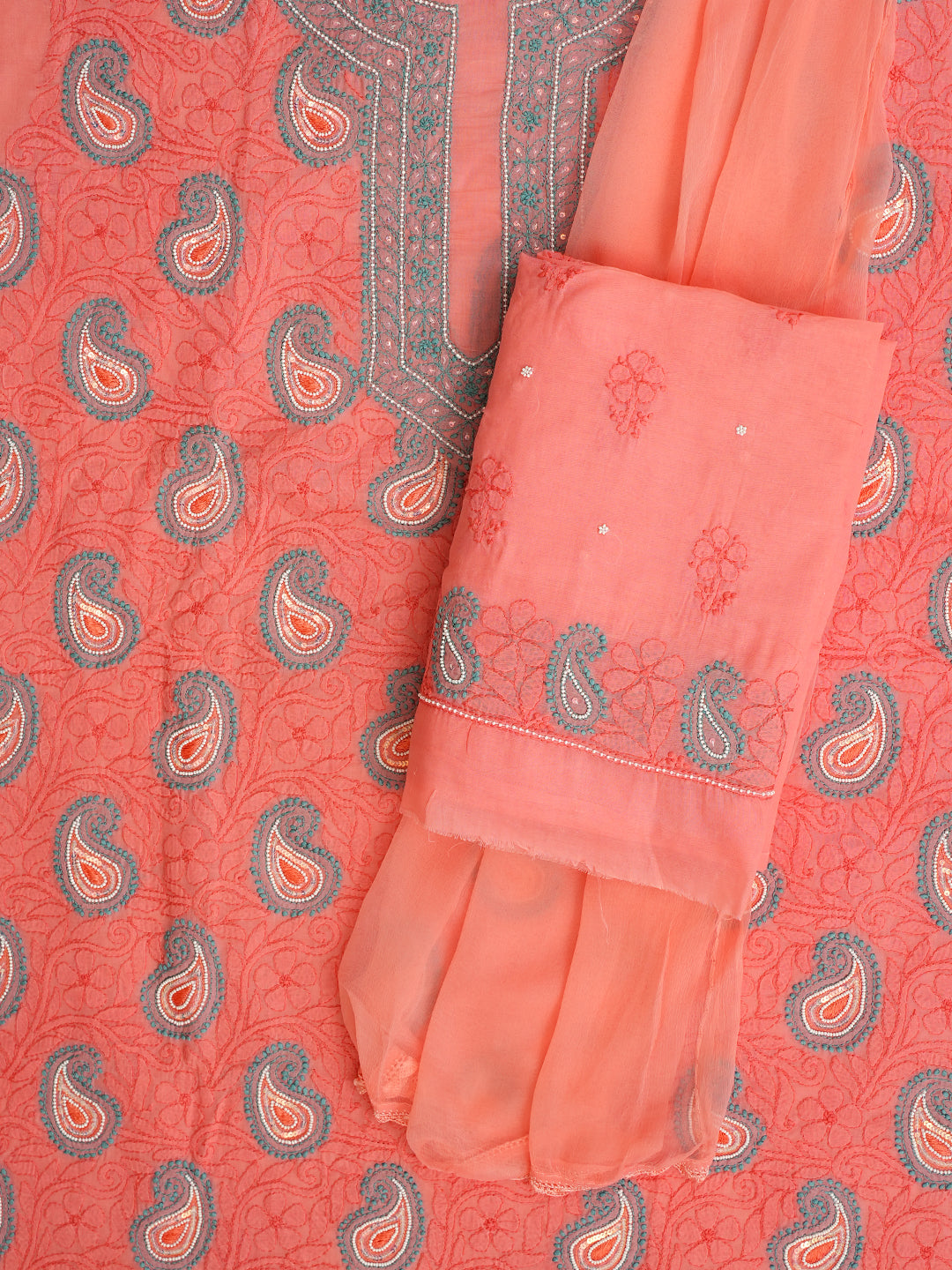 Women’s Peach Cotton Chikankari Suit Piece by Ada