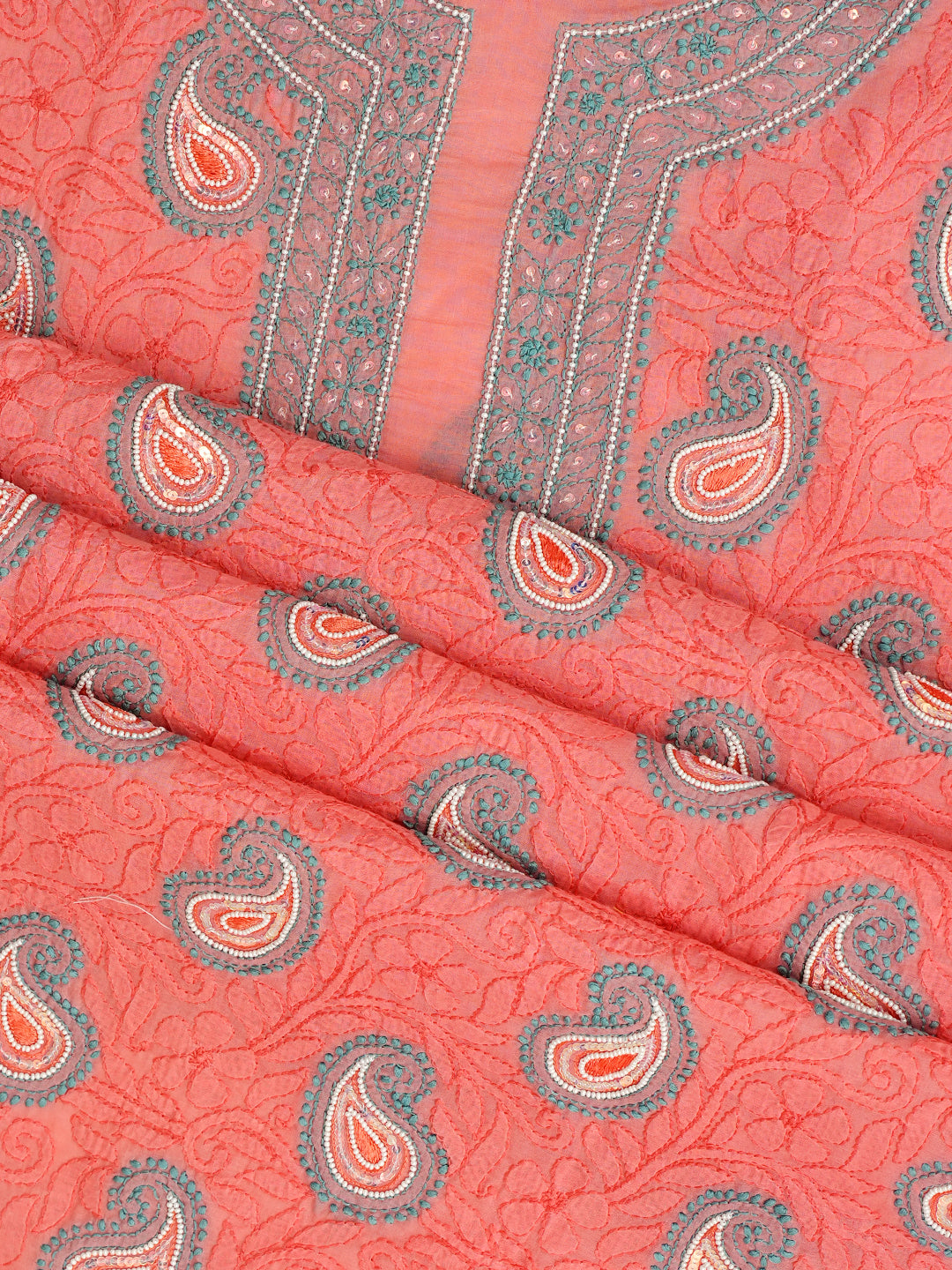 Traditional Peach Chikankari Cotton Suit with Pearl Detailing