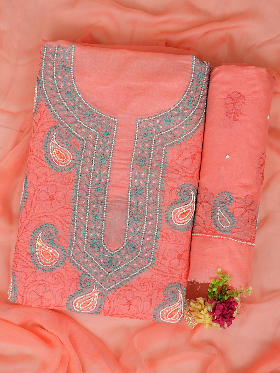 Ada Peach Cotton Lucknowi Chikankari Unstitched Suit Piece With Pearl Work