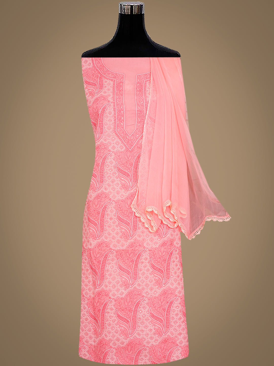 Ada Hand Embroidered Peach Cotton Lucknowi Chikankari Unstitched Suit Piece With Sequinned Work 01A984821