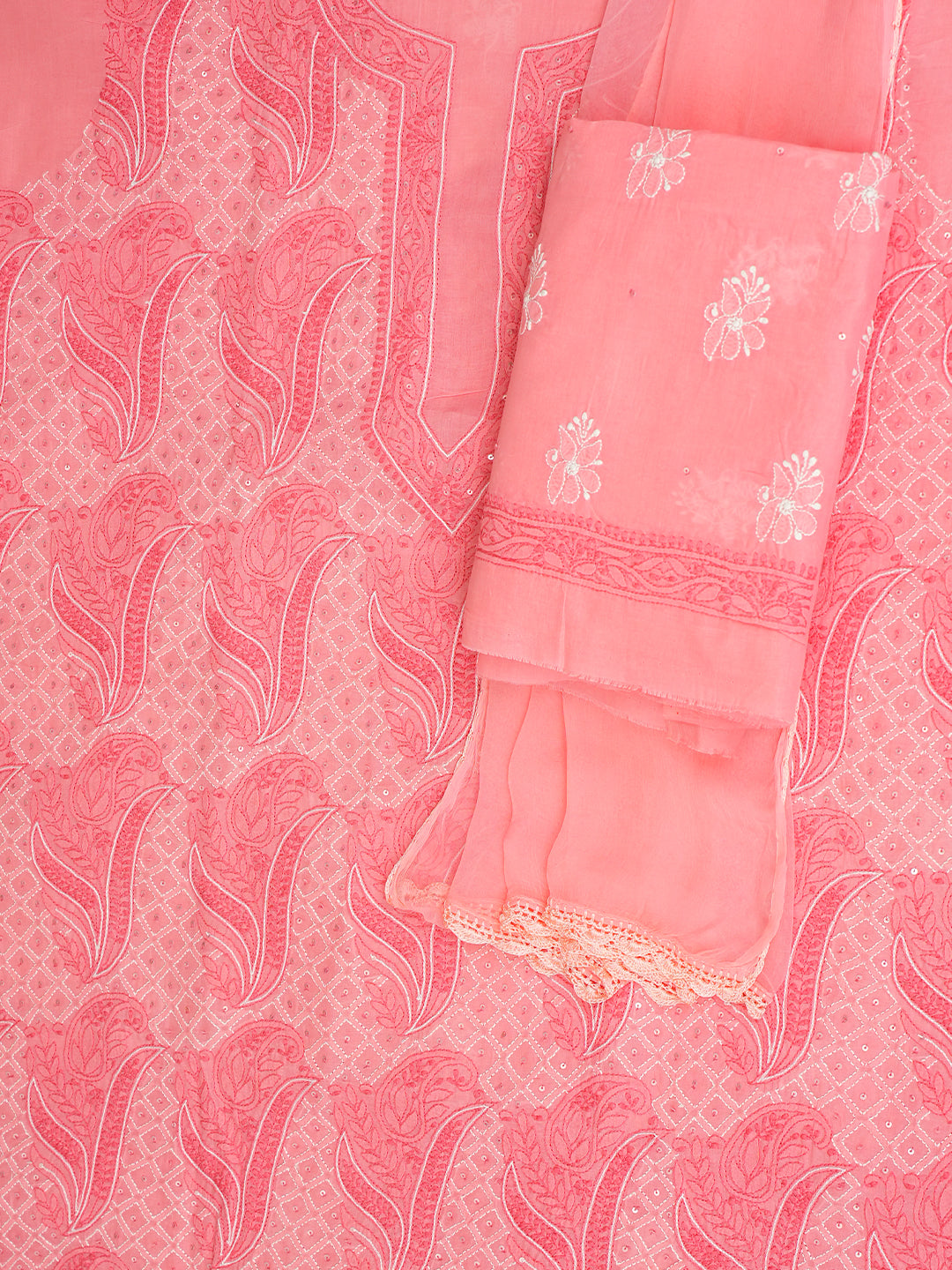 Ada Hand Embroidered Peach Cotton Lucknowi Chikankari Unstitched Suit Piece With Sequinned Work 01A984821