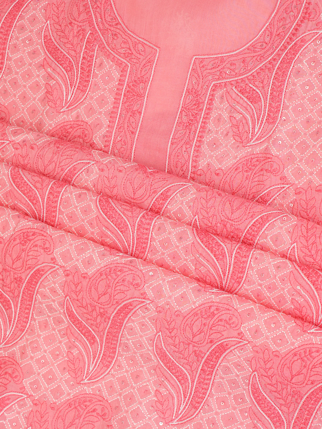 Ada Hand Embroidered Peach Cotton Lucknowi Chikankari Unstitched Suit Piece With Sequinned Work 01A984821