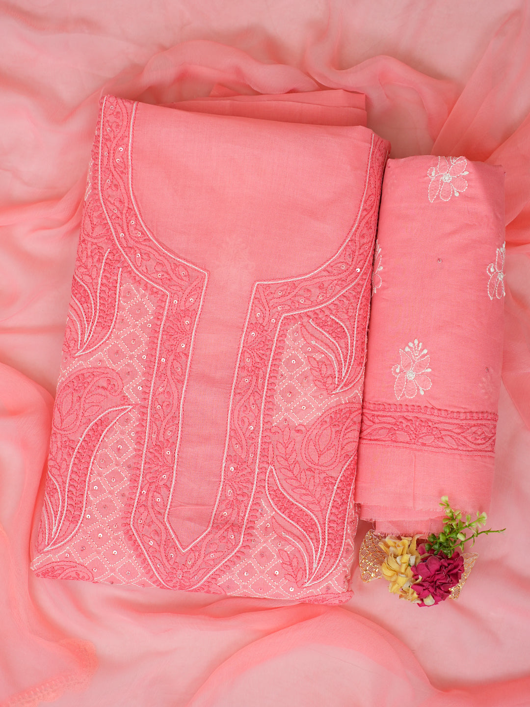 Ada Hand Embroidered Peach Cotton Lucknowi Chikankari Unstitched Suit Piece With Sequinned Work 01A984821