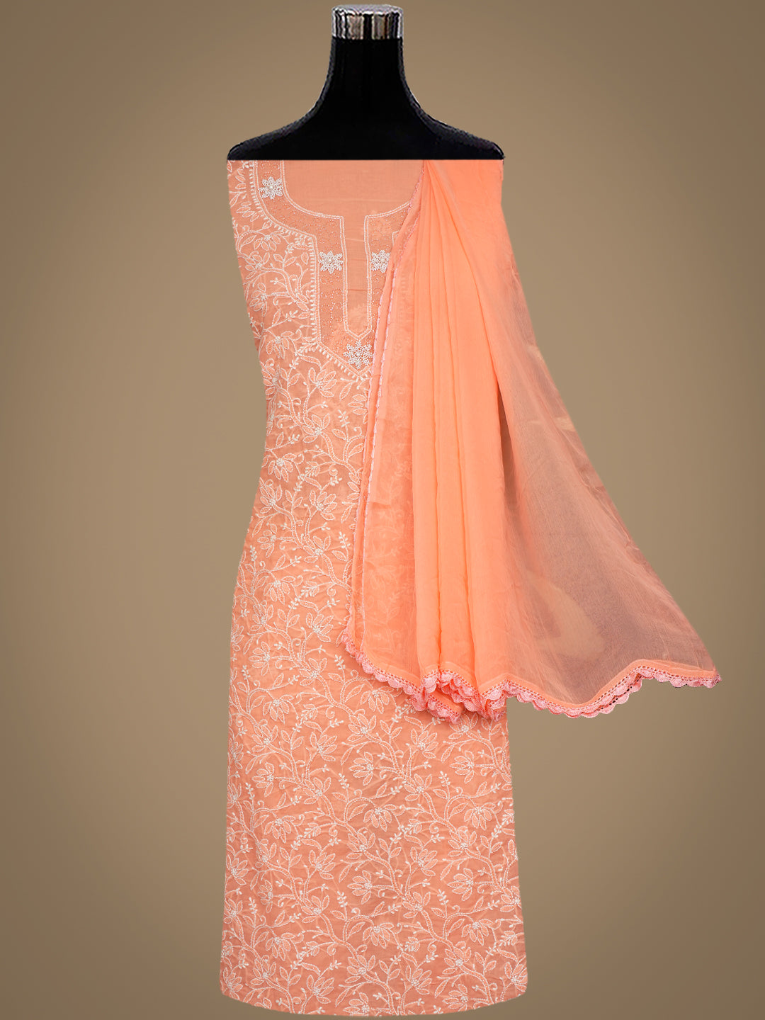 Ada Hand Embroidered Peach Cotton Lucknowi Ada Hand Embroidered Peach Cotton Lucknowi Chikankari Unstitched Suit Set With Chiffon Dupatta With Pearl Work 01A1006685Unstitched Suit Set With Chiffon Dupatta 01A1006685