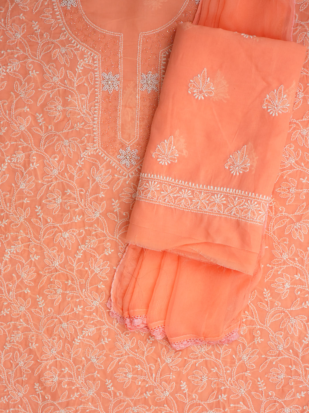 Ada Hand Embroidered Peach Cotton Lucknowi Ada Hand Embroidered Peach Cotton Lucknowi Chikankari Unstitched Suit Set With Chiffon Dupatta With Pearl Work 01A1006685Unstitched Suit Set With Chiffon Dupatta 01A1006685